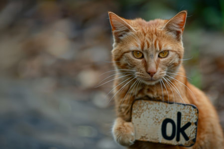 cat holds sign with inscription ok ,agreement concept.の素材