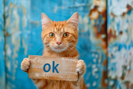 cat holds sign with inscription ok ,agreement concept.の素材