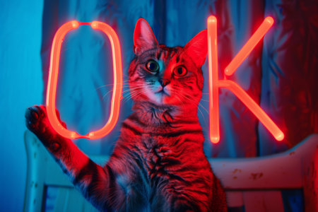 cat holds sign with inscription ok ,agreement concept.の素材