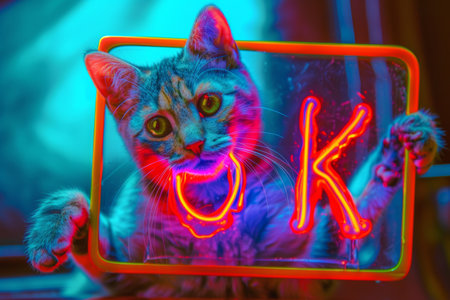 cat holds sign with inscription ok ,agreement concept.の素材