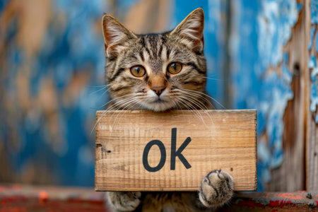 cat holds sign with inscription ok ,agreement concept.の素材