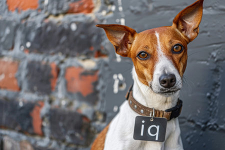 a dog holding a sign with the inscription iq,ai concept.の素材