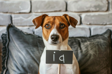 a dog holding a sign with the inscription iq,ai concept.の素材