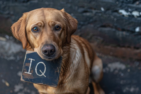 a dog holding a sign with the inscription iq,ai concept.の素材