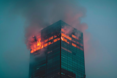 Building engulfed in flames, firefighters fighting blaze amidst smoke and chaos.の素材