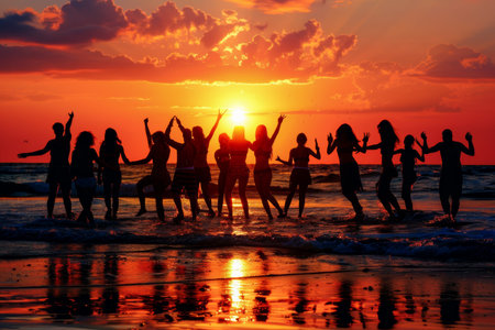 Silhouettes sway in a vibrant sunset at a tropical beach dance party, epitomizing summer joyの素材