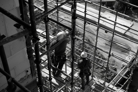 Active construction site with workers, machines, and scaffolding progressingの素材