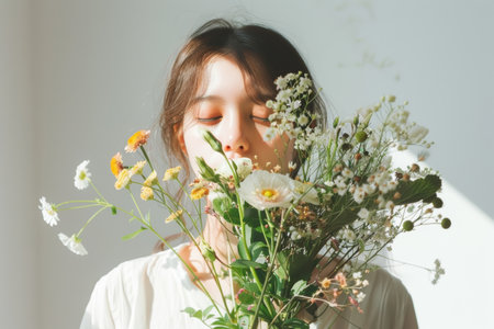 ..Florist arranging bouquet in flower shop for 8th March and Mother's Day gifts, festive, vibrant, celebrationの素材