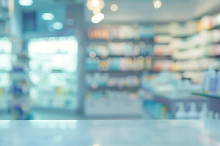 .Blurred pharmacy background with shelves full of medicine and healthcare productsの素材