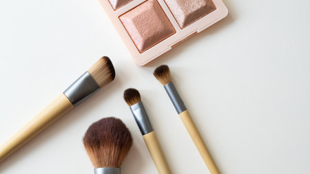 Wooden organic makeup brushes on white backdrop. Eco-friendly, sustainable beauty tools.の写真素材