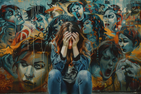 Struggling with social phobia, feeling intense fear and anxiety in social situationsの素材