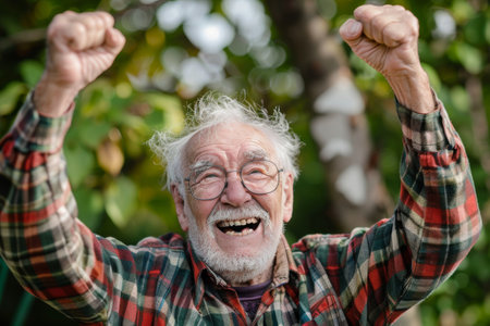 A super successful, happy pensioner enjoys life with joy and fulfillment, embracing every momentの素材