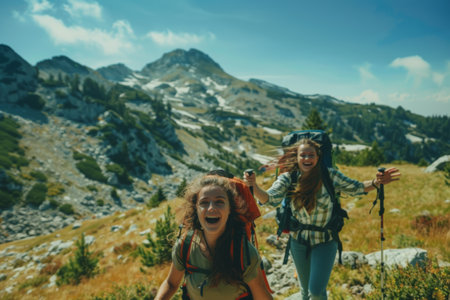 People hiking in mountains, enjoying active rest and breathtaking views.の素材