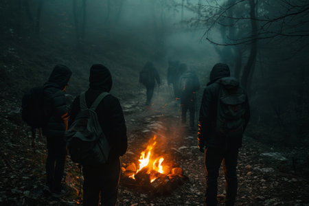 People hiking in mountains, enjoying active rest and breathtaking views.の素材