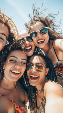 Group of happy modern women with big lips and lashes at beach party taking selfies, enjoying fun in the sun.の素材