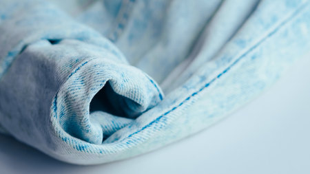 Blue jeans fabric with detailed texture, perfect for fashion and textile design visualsの写真素材