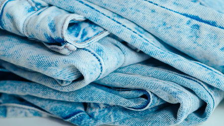 Blue jeans fabric with detailed texture, perfect for fashion and textile design visualsの写真素材