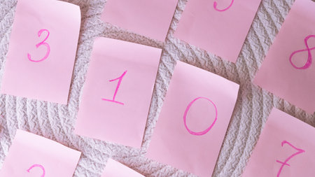 pink stickers with numbers analysis concept.の写真素材