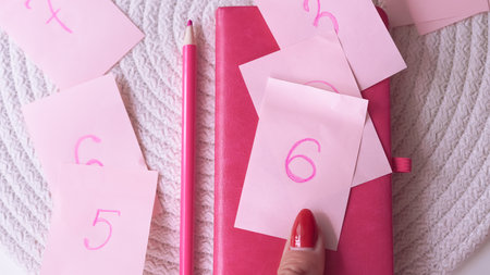 pink stickers with numbers analysis concept.の写真素材