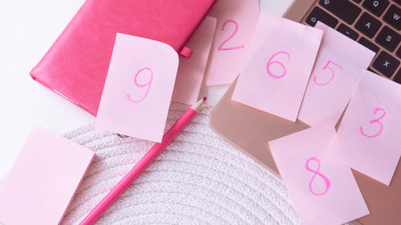 pink stickers with numbers analysis concept.の写真素材