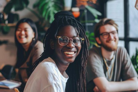 smiling freelancers people, positive thinking concept.の素材