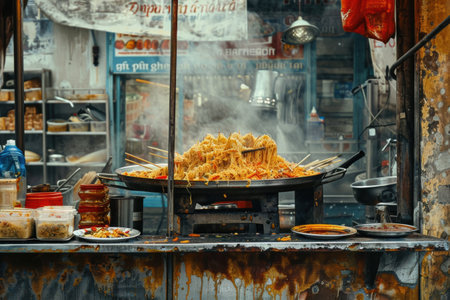 Street food for tourists, vibrant stalls offering diverse, delicious local flavorsの素材