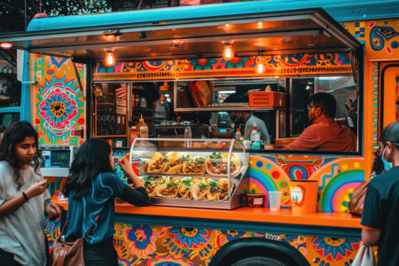 Street food for tourists, vibrant stalls offering diverse, delicious, and exotic flavorsの素材