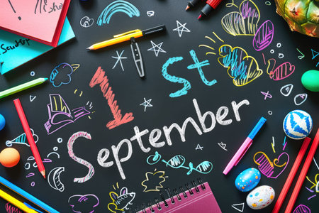 1st September back to school concept with books, pencils, and autumn leavesの素材