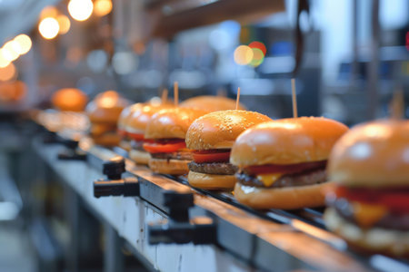 AI burger production line showcasing new taste technology, futuristic food processing.の素材