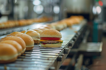 AI burger production line showcasing new taste technology, futuristic food processing.の素材