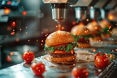 AI burger production line showcasing new taste technology, futuristic food processing.の素材