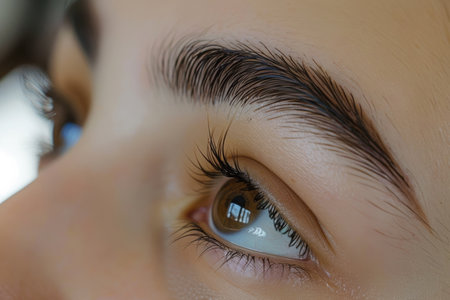 elegant woman showing perfect eyebrow lamination, exuding confidence and beauty. High quality photoの素材