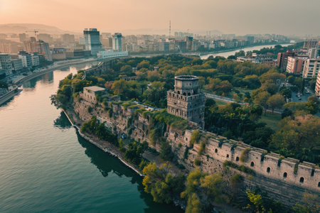 Aerial drone views of London's iconic skyline, blending historic and modern architecture..の素材