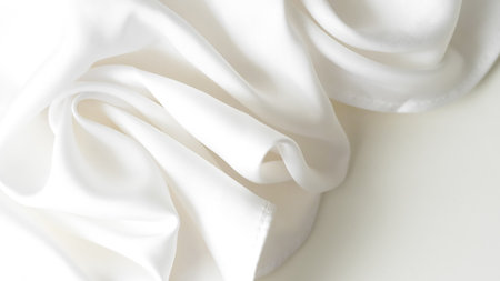 Crumpled white silk fabric background with soft folds and delicate textureの写真素材