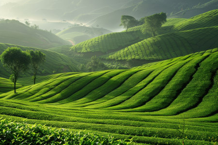 English tea farm workers collecting leaves, an aesthetic blend of tradition and nature.の素材