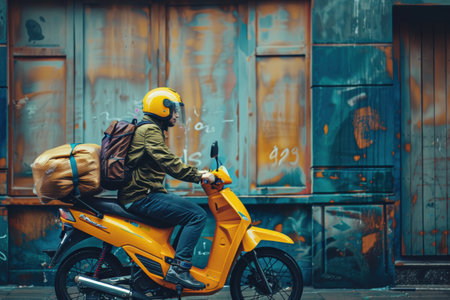 Delivery concept: packages being delivered by courier in an urban environment...の素材