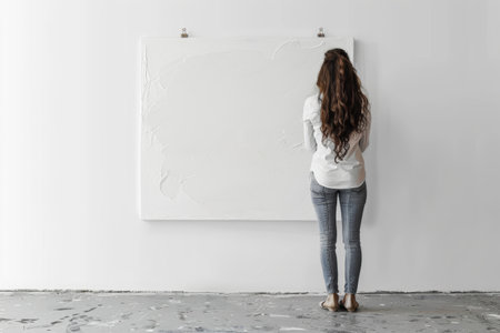 White canvas with large copy space in a pastel girlish room with a pretty artist seen from behind..の素材