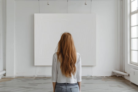 White canvas with large copy space in a pastel girlish room with a pretty artist seen from behind..の素材