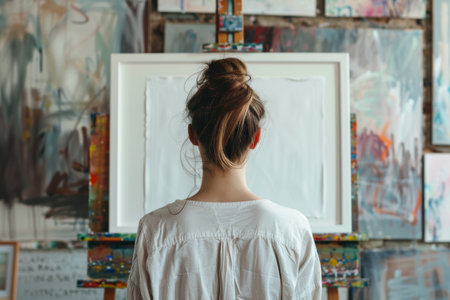 Empty white canvas with ample copy space in a girlish room featuring a pretty artist from behind.の素材