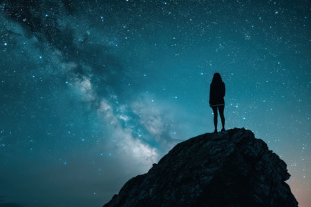 Woman watching the night sky with stars, galaxies, and celestial events from various anglesの素材