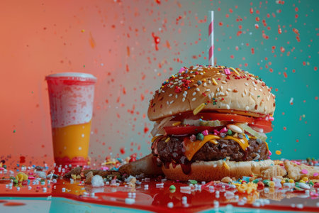 Harmful junk food assortment with unhealthy snacks, greasy items, and sugary treatsの素材