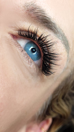 Close up of eye with eyelash extensions ,beauty salon treatment ,2d volume, 3d volume, classical lashes,Russian volume,megavolume, new setの写真素材