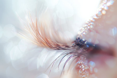 Detailed macro shot of an eye with eyelash extensions against a colorful backdropの素材