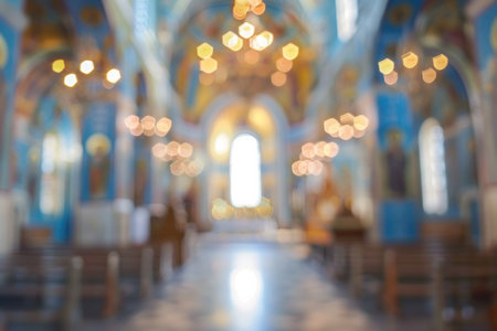 Blurred abstract Orthodox church background, peaceful religious Christian atmosphere..の素材