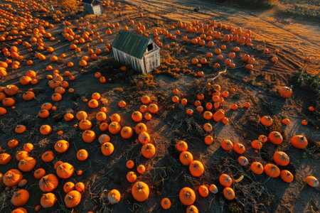 Aerial view of a pumpkin farm during harvest, showcasing colorful fieldsの素材