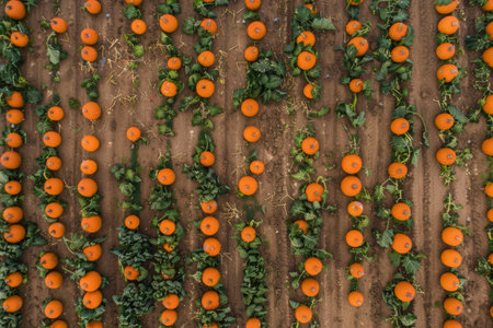 Aerial view of a pumpkin farm during harvest, showcasing colorful fieldsの素材