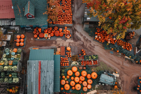 Drone captures pumpkin harvest at a farm, showcasing autumn produce fieldsの素材