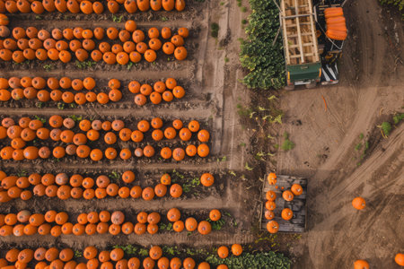 Aerial drone captures pumpkin farm during autumn harvest, colorful fields seenの素材