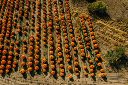 Aerial drone captures pumpkin farm during autumn harvest, colorful fields seenの素材