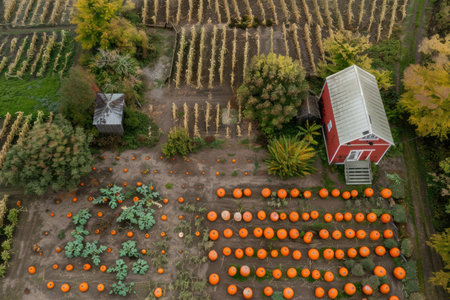Aerial view of a pumpkin farm during harvest, showcasing colorful fieldsの素材